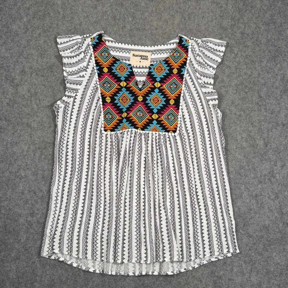 Savanna Jane Striped Aztec Embroidered Flutter Sleeve Blouse Women's Size Medium
